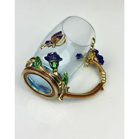 ARC of France Glass Tea Cup w/ Enamel Rose Flower Butterfly, Spoon & Doily BB144 - Picture 7 of 10